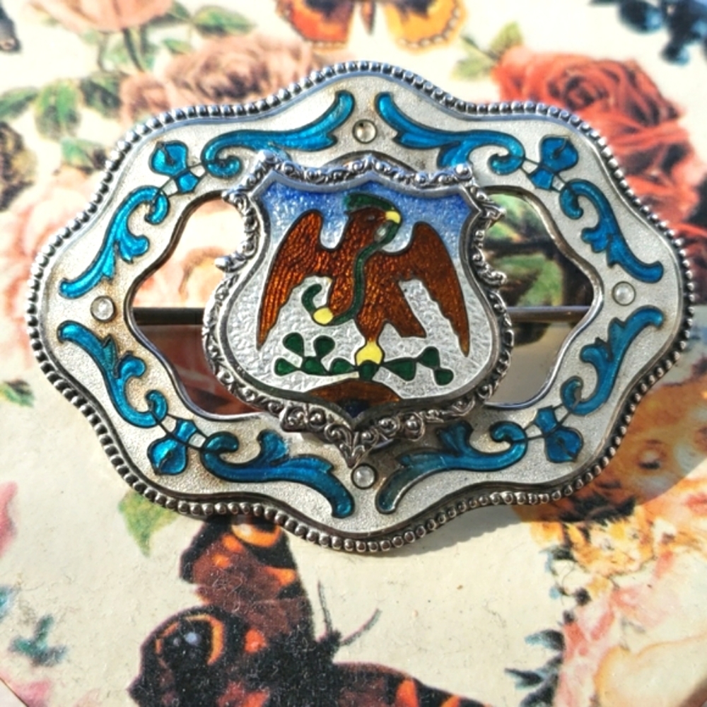Rare Richard Hemsley 1909 Antique Enamel & 925 Silver Coat Of Arms Brooch